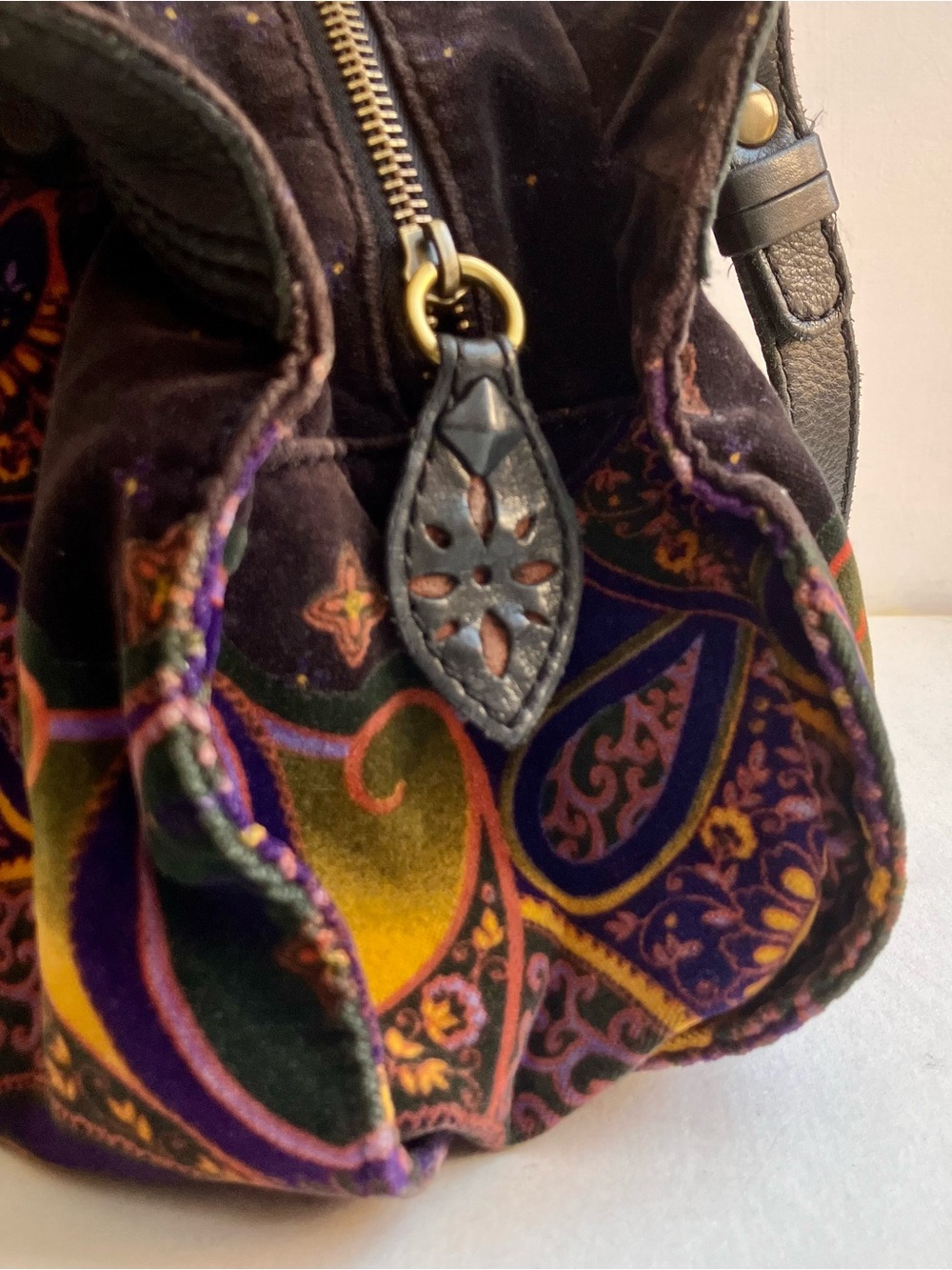 👜 Lucky Brand Purse Leather Velvet Paisley celestial Shoulder Bag Tote - Picture 2 of 6